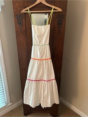 Anna Rae White Tiered Maxi Dress with Neon Trim and Lace up Back No Size Tag (S)